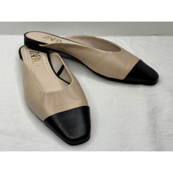 Zara Tan Black Square Toe Slide Mules Flats Dress Shoes Size 40 - Picture 1 of 9